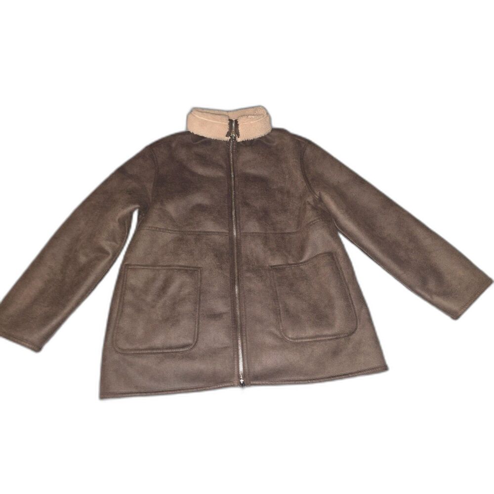 Mango MNG Womens XL Brown Faux Suede Sherpa Lined Coat Jacket Full Zip